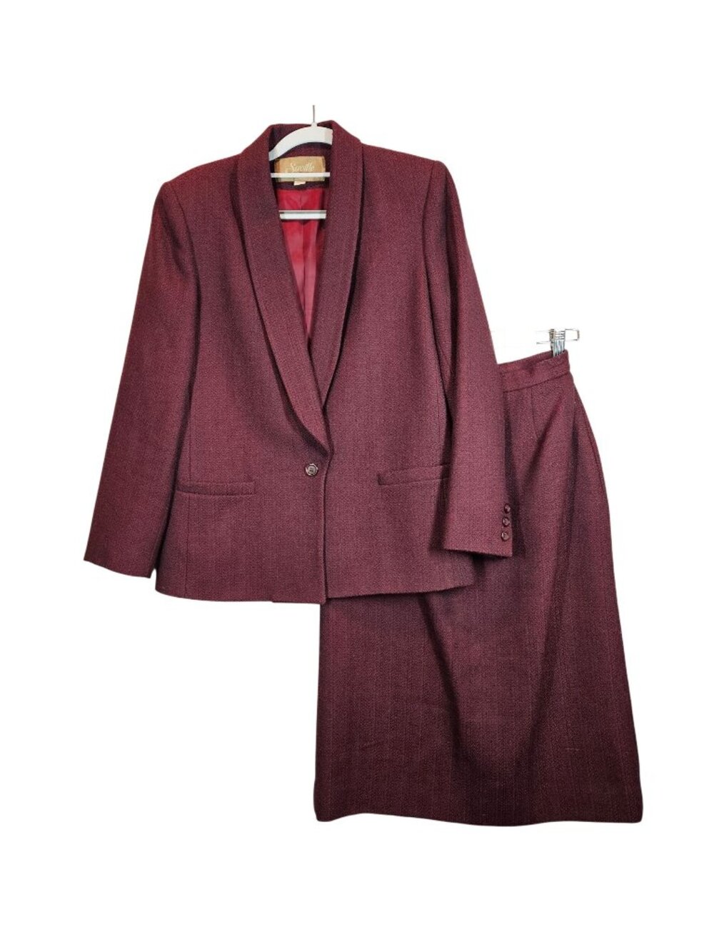Vintage Saville Womens 8 Burgundy Wool Blazer Skirt Suit Set Career Professional